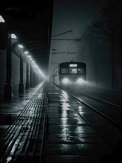 Estación tren y lluvia nocturna