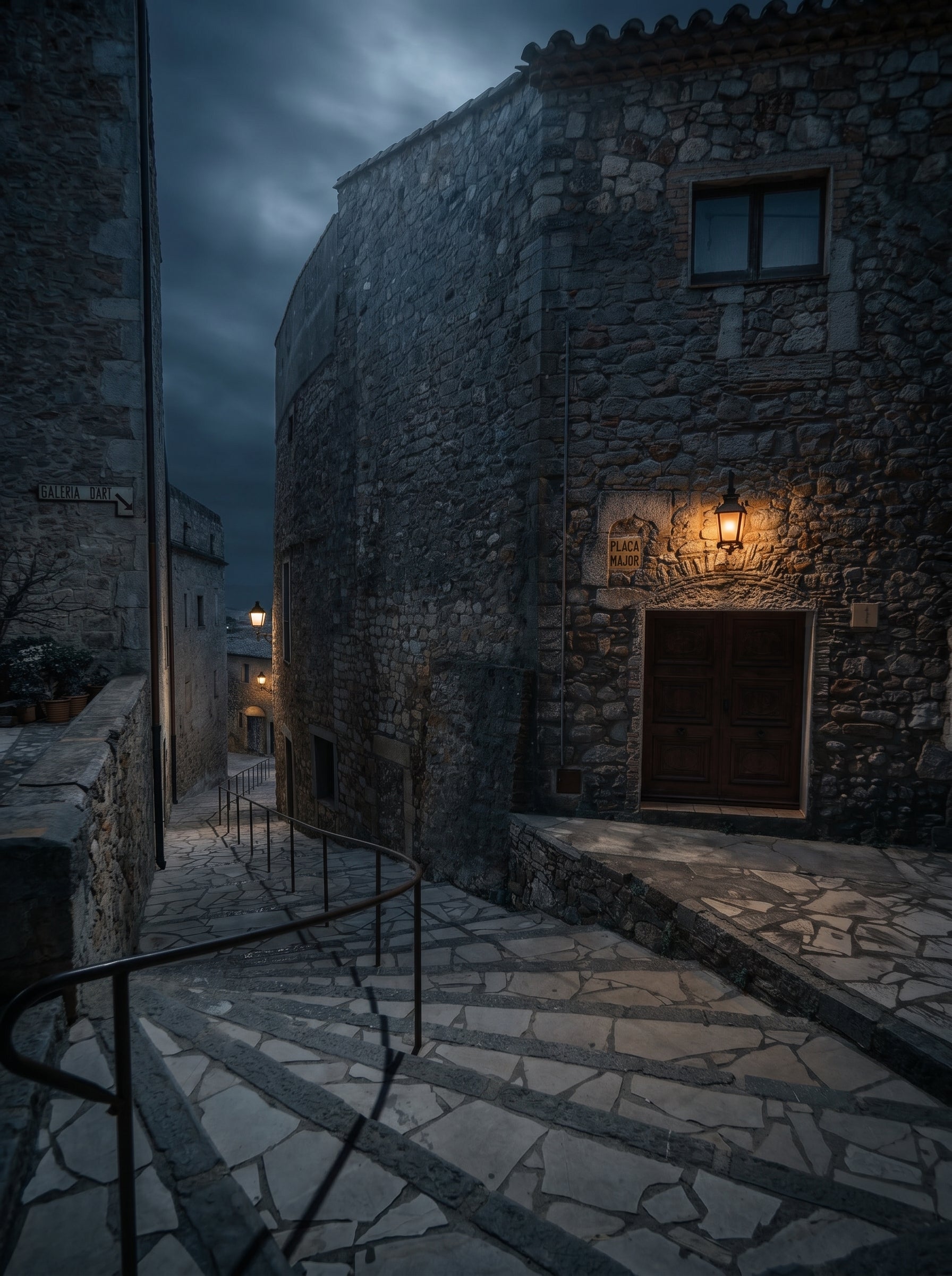 Threshold of the Plaça Major — fotografía nocturna de la Plaça Major de Pals, Girona, junto a un cartel de Galeria d'Art. Copia fine art en edición limitada de Marco Zouvek.