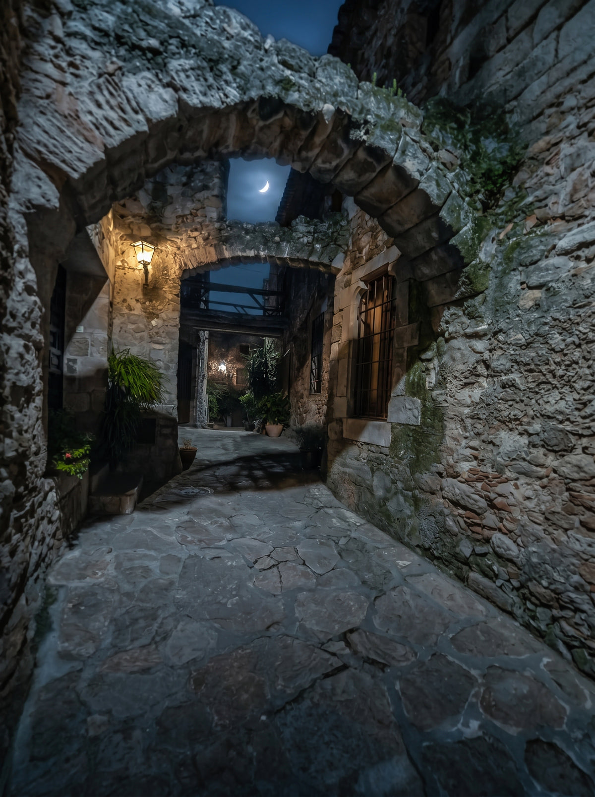 Moon in the Double Arch — night photograph of a crescent moon above a double stone arch in Pals, Girona. Limited edition fine art print by Marco Zouvek.