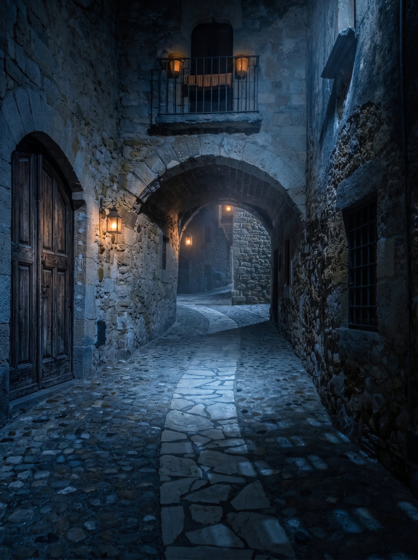 Passage Through Stone — fotografía nocturna de un arco de piedra y un balcón con faroles en Pals, Girona. Copia fine art en edición limitada de Marco Zouvek.