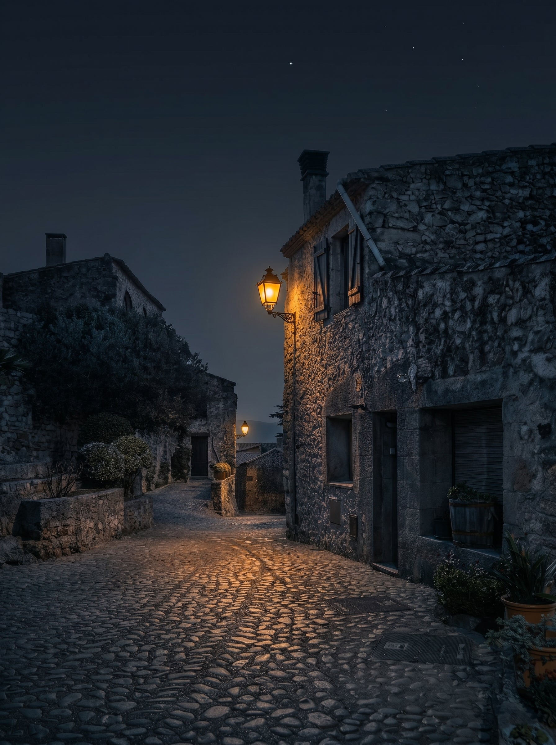 Threshold of Silence — fotografía nocturna de una calle de piedra en Pals, Girona, iluminada por un único farol. Copia fine art en edición limitada de Marco Zouvek.