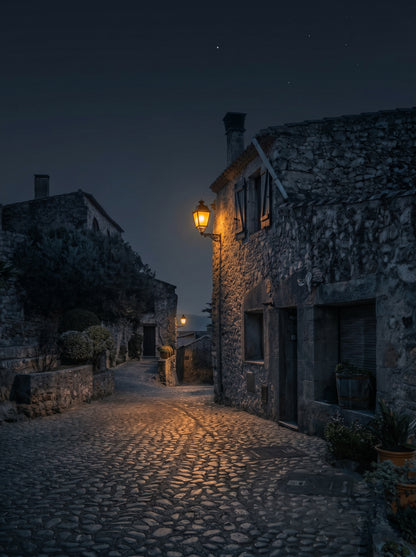 The Empordà's Still Air — night photograph of a stone street in Pals, Girona, lit by a single streetlamp. Limited edition fine art print by Marco Zouvek.