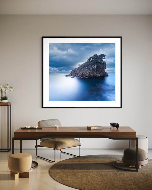 Islet of Blue: Cala Sant Francés, framed fine art print in an interior