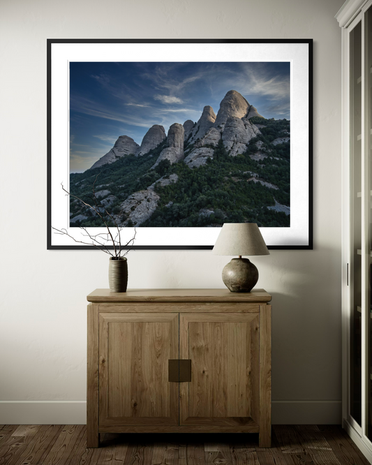 Serrated Skyline: Montserrat, framed fine art print in a living room