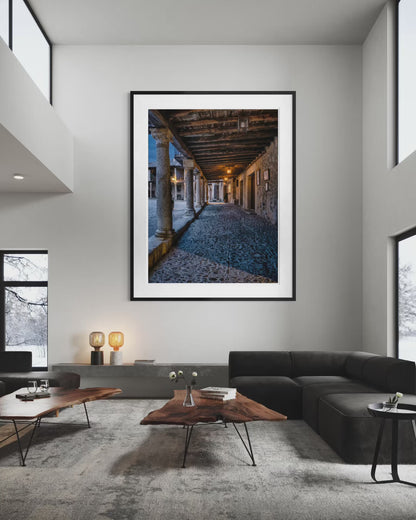 Beneath the Timbered Portico
